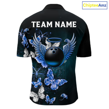 Custom Blue Butterfly Bowling Polo Shirt, 1/4 zip jersey For Men, Bowling Team Shirt With Butterflies NQS11612