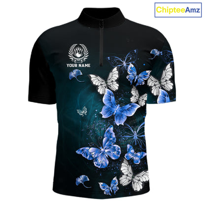 Custom Blue Butterfly Bowling Polo Shirt, 1/4 zip jersey For Men, Bowling Team Shirt With Butterflies NQS11612