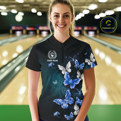 Custom Blue Butterfly Bowling 1/4 zip, Polo Shirt For Women, Bowling Team Shirt With Butterflies NQS11612