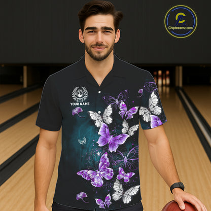 Custom Purple Butterfly Bowling Button-up Shirts, Hawaiian Bowling Team Shirt With Butterflies NQS11613