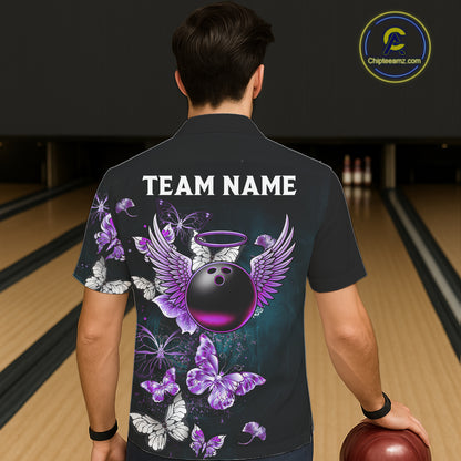 Custom Purple Butterfly Bowling Button-up Shirts, Hawaiian Bowling Team Shirt With Butterflies NQS11613