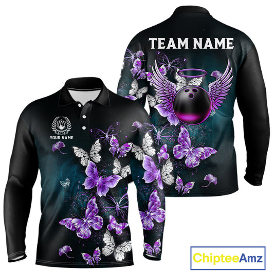 Custom Purple Butterfly Bowling Polo, 1/4 zip jerseys For Men, Bowling Team Shirt With Butterflies NQS11613