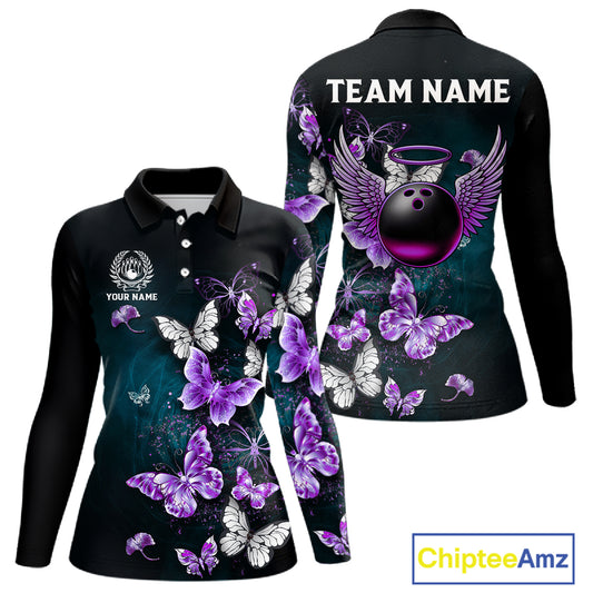 Custom Purple Butterfly Bowling Polo, 1/4 zip jerseys For Women, Bowling Team Shirt With Butterflies NQS11613