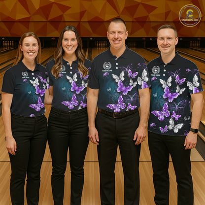 Custom Purple Butterfly Bowling Polo, 1/4 zip jerseys For Men, Bowling Team Shirt With Butterflies NQS11613