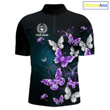Load image into Gallery viewer, Custom Purple Butterfly Bowling Polo, 1/4 zip jerseys For Men, Bowling Team Shirt With Butterflies NQS11613