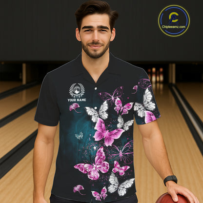 Custom Pink Butterfly Bowling Button-up Shirts, Hawaiian Bowling Team Shirt With Butterflies NQS11614