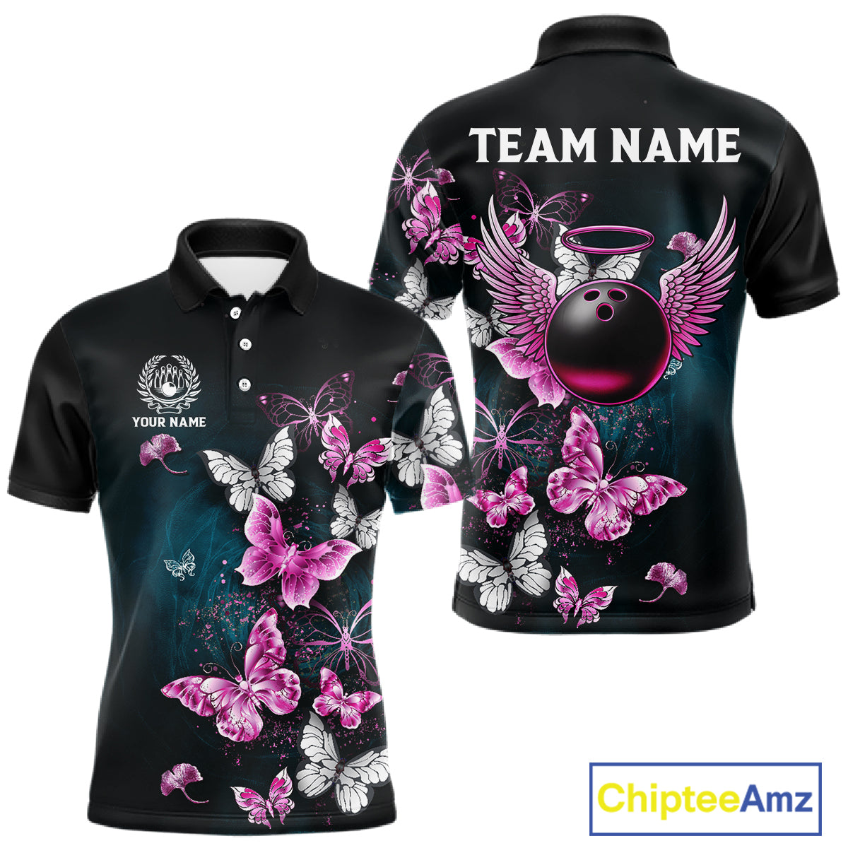 Custom Pink Butterfly Bowling Polo, 1/4 zip jerseys For Men, Bowling Team Shirt With Butterflies NQS11614