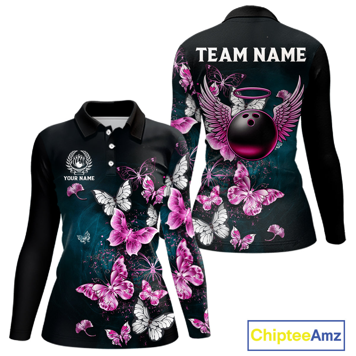 Custom Pink Butterfly Bowling Polo, 1/4 zip jerseys For Women, Bowling Team Shirt With Butterflies NQS11614