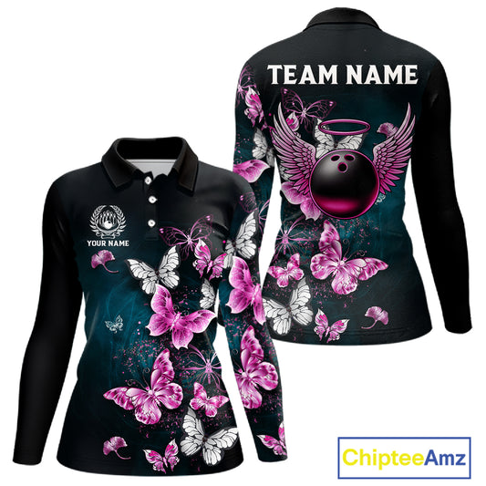 Custom Pink Butterfly Bowling Polo, 1/4 zip jerseys For Women, Bowling Team Shirt With Butterflies NQS11614
