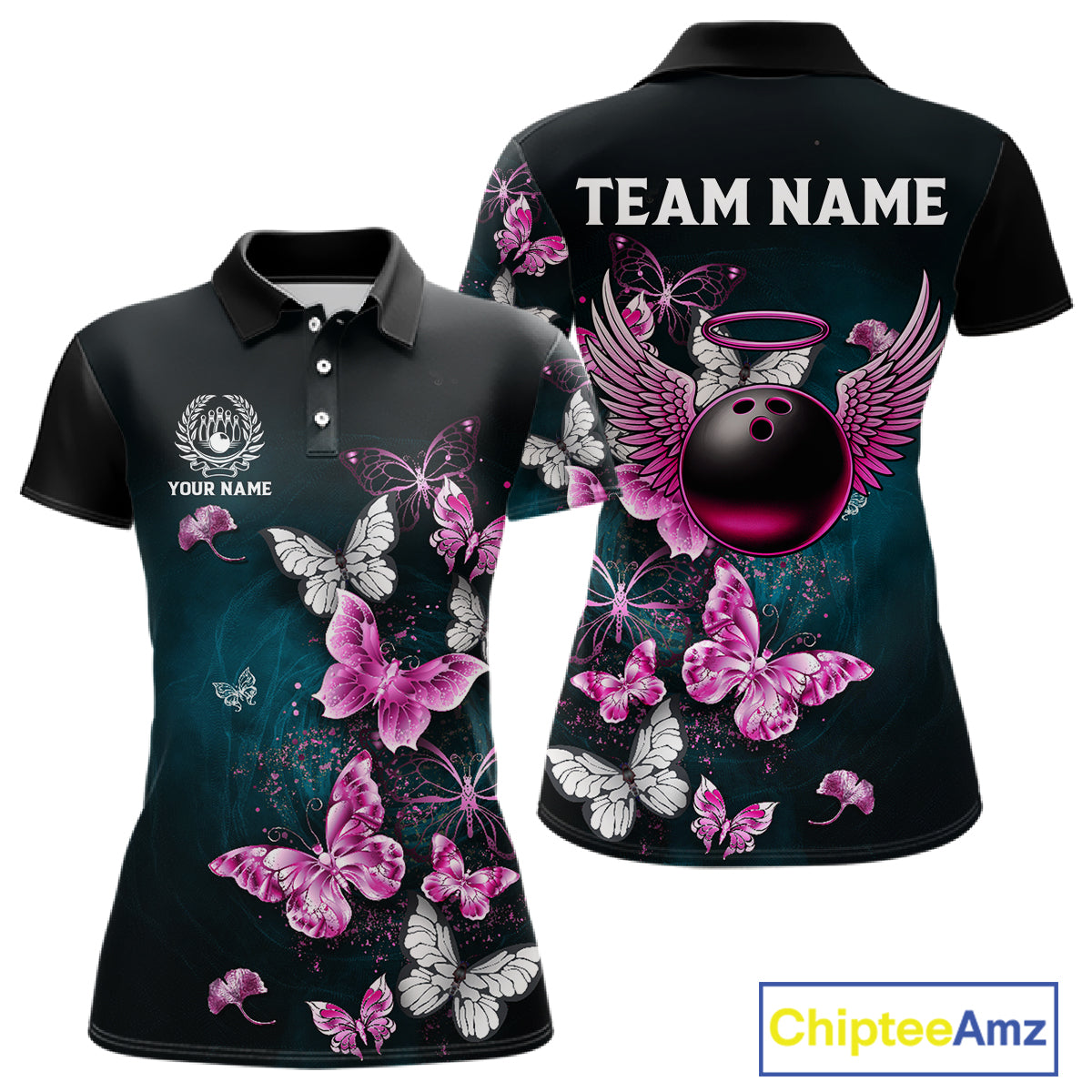 Custom Pink Butterfly Bowling Polo, 1/4 zip jerseys For Women, Bowling Team Shirt With Butterflies NQS11614