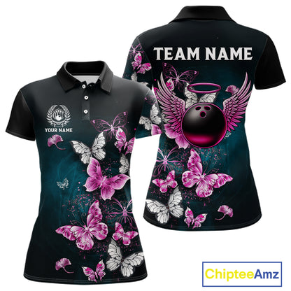 Custom Pink Butterfly Bowling Polo, 1/4 zip jerseys For Women, Bowling Team Shirt With Butterflies NQS11614