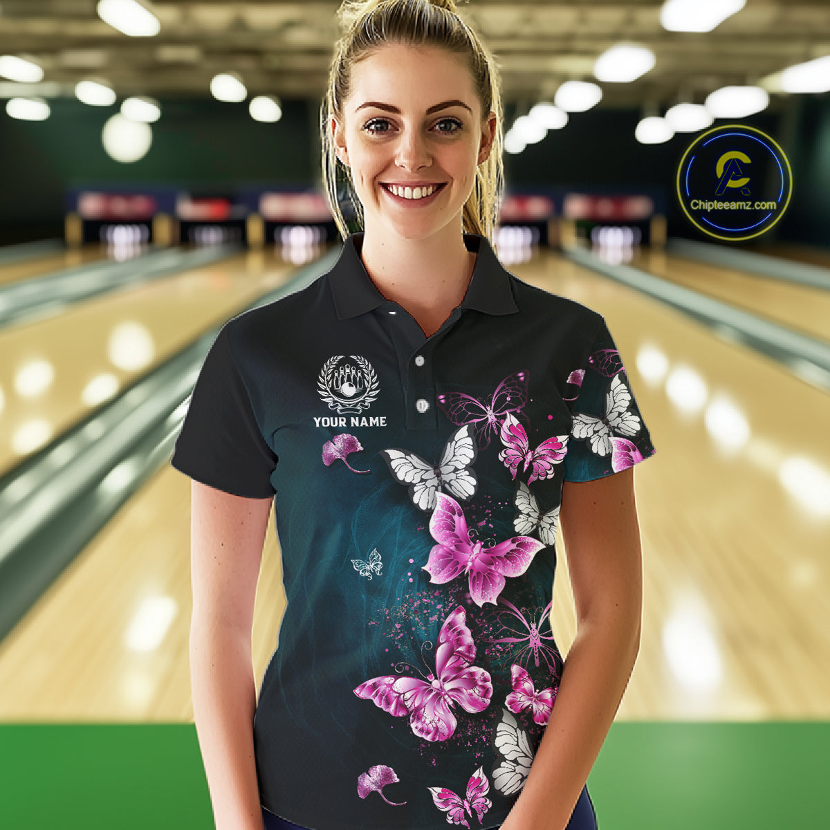 Custom Pink Butterfly Bowling Polo, 1/4 zip jerseys For Women, Bowling Team Shirt With Butterflies NQS11614