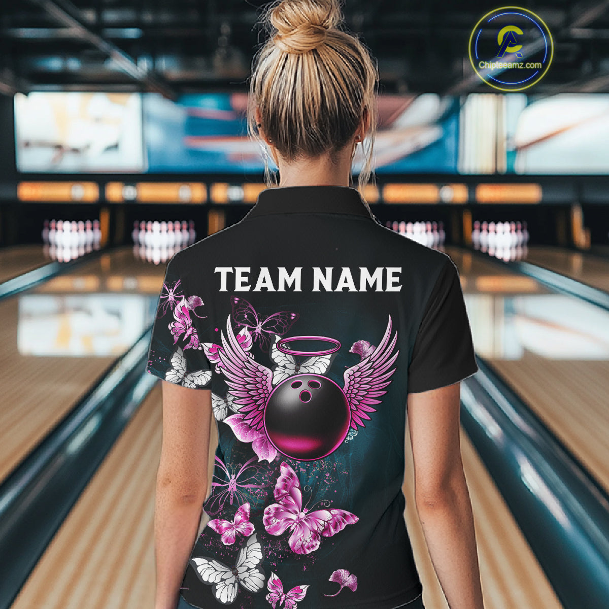 Custom Pink Butterfly Bowling Polo, 1/4 zip jerseys For Women, Bowling Team Shirt With Butterflies NQS11614