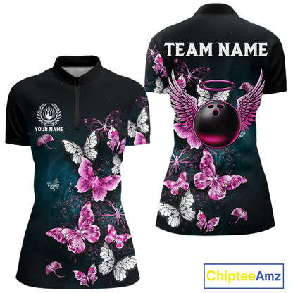 Custom Pink Butterfly Bowling Polo, 1/4 zip jerseys For Women, Bowling Team Shirt With Butterflies NQS11614