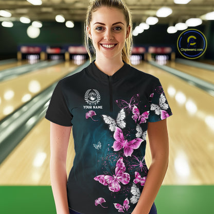 Custom Pink Butterfly Bowling Polo, 1/4 zip jerseys For Women, Bowling Team Shirt With Butterflies NQS11614