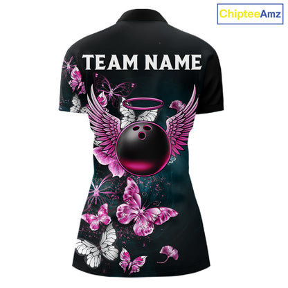 Custom Pink Butterfly Bowling Polo, 1/4 zip jerseys For Women, Bowling Team Shirt With Butterflies NQS11614