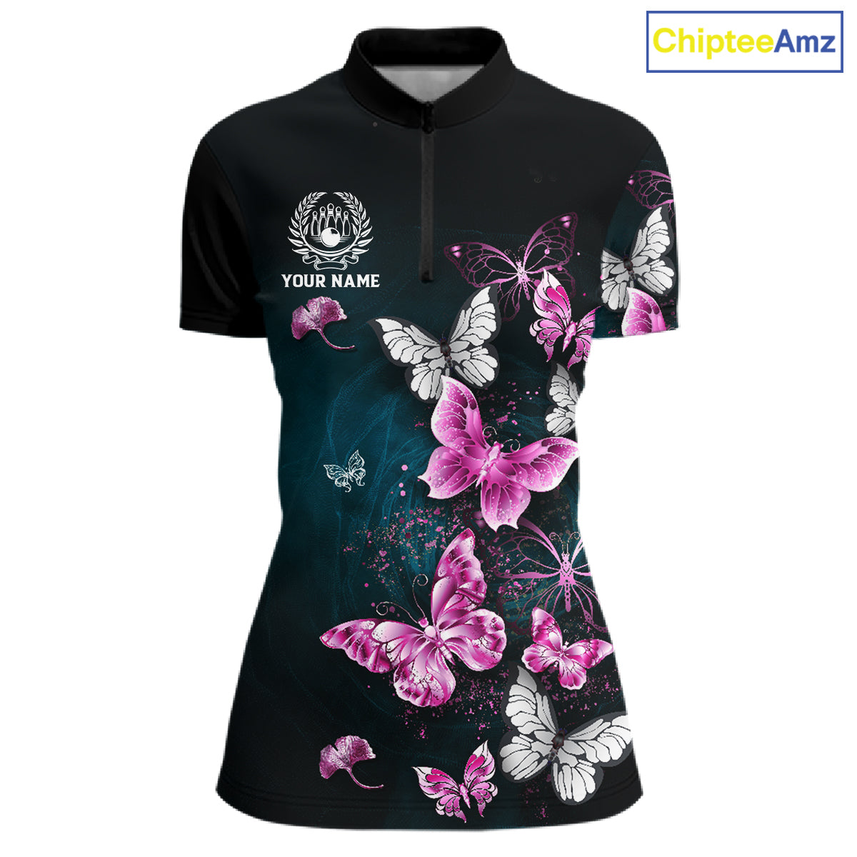 Custom Pink Butterfly Bowling Polo, 1/4 zip jerseys For Women, Bowling Team Shirt With Butterflies NQS11614