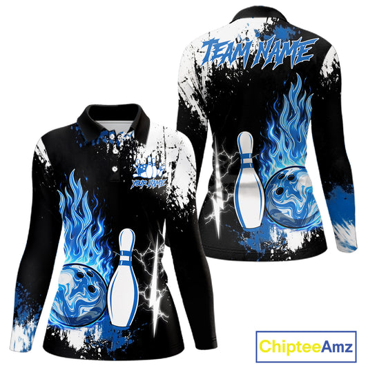 Custom Blue Flame Lightning Thunder Bowling shirts for Women, black and white bowling team jerseys NQS11617