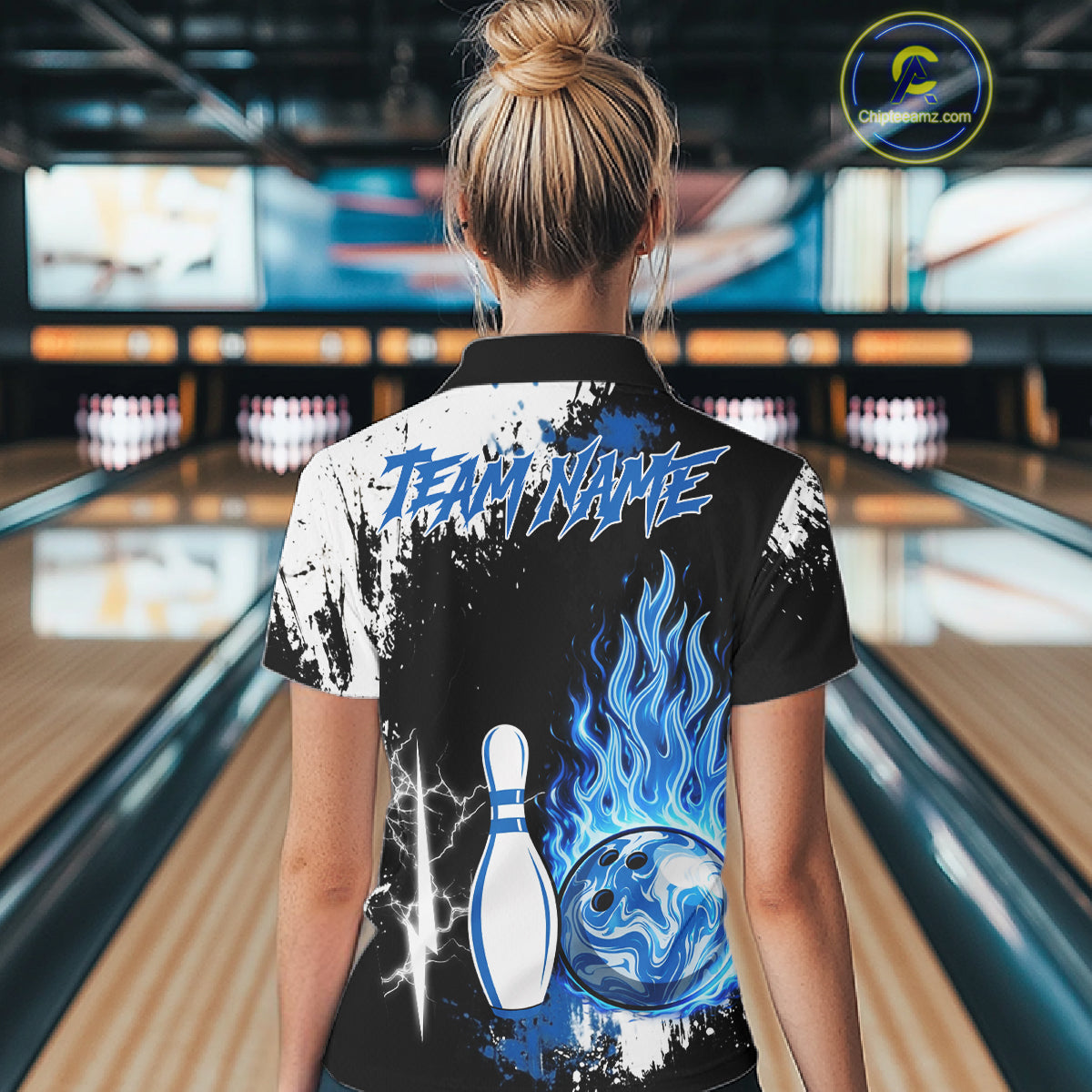 Custom Blue Flame Lightning Thunder Bowling shirts for Women, black and white bowling team jerseys NQS11617