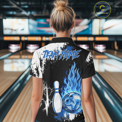 Custom Blue Flame Lightning Thunder Bowling shirts for Women, black and white bowling team jerseys NQS11617
