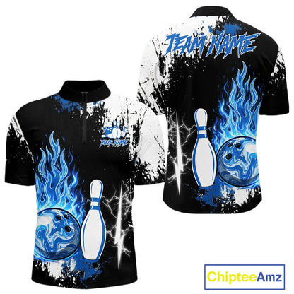 Custom Blue Flame Lightning Thunder Bowling shirts for Men, black and white bowling team jerseys NQS11617