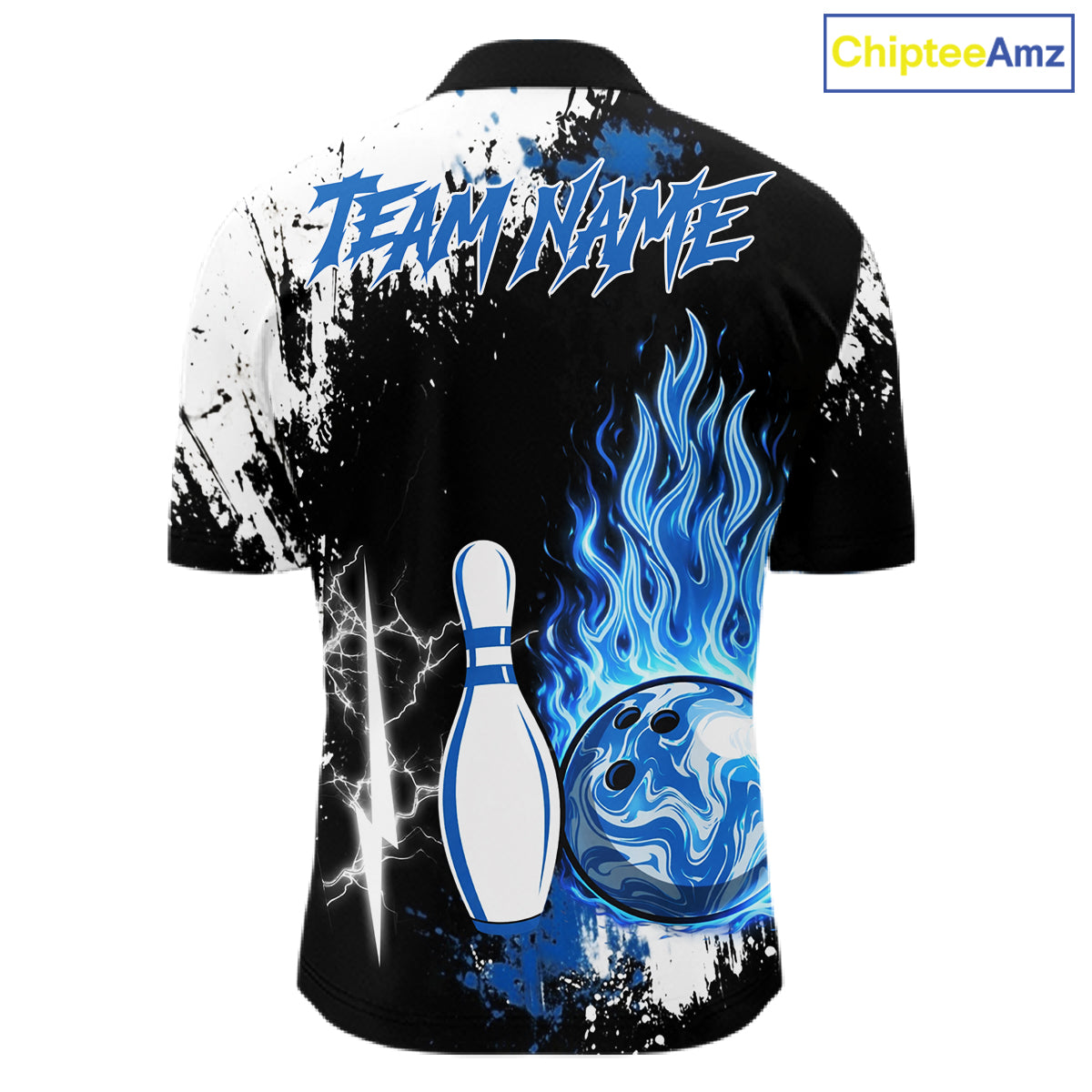 Custom Blue Flame Lightning Thunder Bowling shirts for Men, black and white bowling team jerseys NQS11617