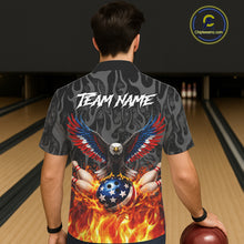 Load image into Gallery viewer, Black &amp; Orange Flame American Flag Eagle Bowling Button-up Shirt Custom Patriotic Bowling Team Jersey NQS11722