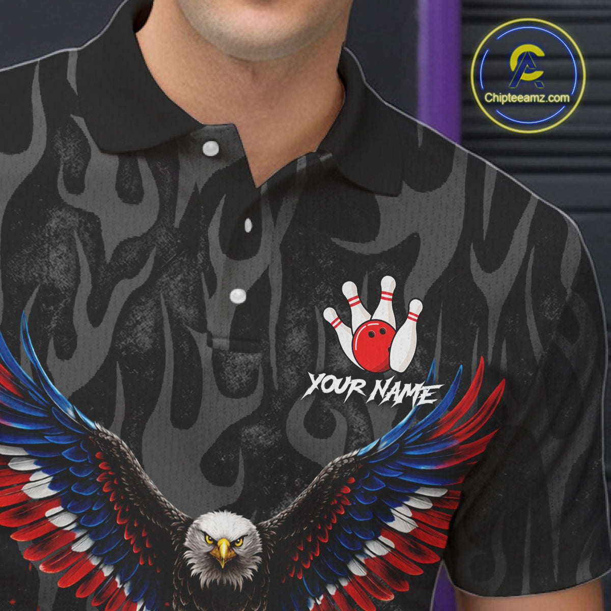 Black and Orange Flame American Flag Eagle Bowling Shirt For Men Custom Patriotic Bowling Team Jersey NQS11722
