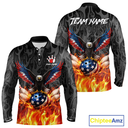 Black and Orange Flame American Flag Eagle Bowling Shirt For Men Custom Patriotic Bowling Team Jersey NQS11722