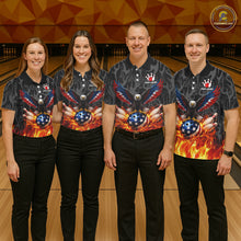 Load image into Gallery viewer, Black and Orange Flame American Flag Eagle Bowling Shirt For Men Custom Patriotic Bowling Team Jersey NQS11722