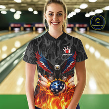 Load image into Gallery viewer, Black &amp; Orange Flame American Flag Eagle Bowling Shirt For Women Custom Patriotic Bowling Team Jersey NQS11722