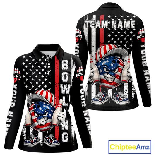 Black American Flag Funny Bowling Polo, 1/4 Zip Shirt For Women Custom Patriotic Bowling Team Jersey NQS11723