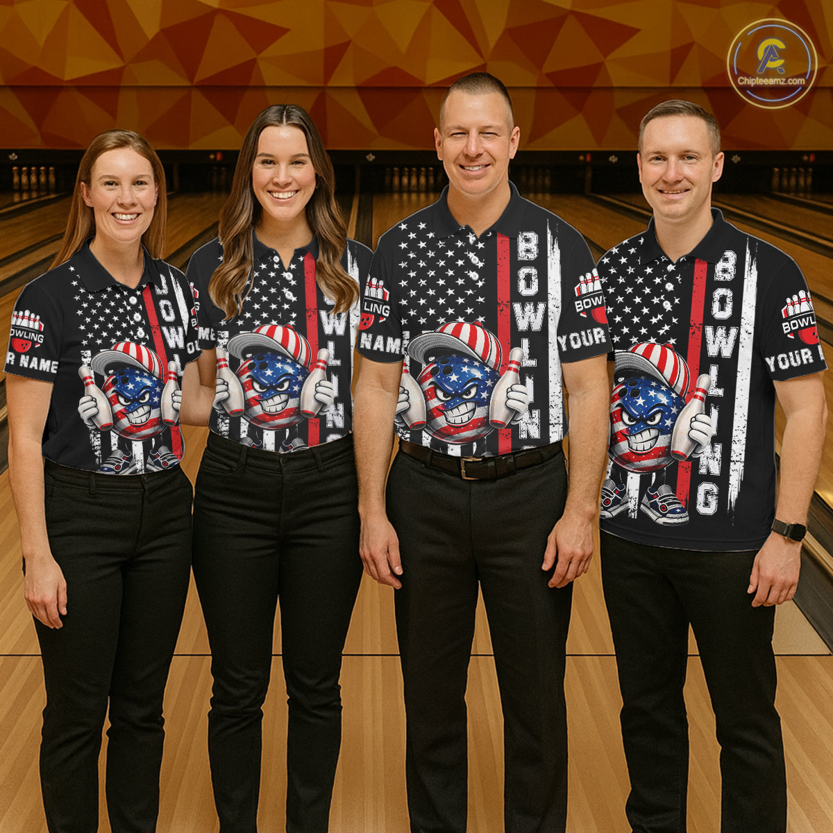 Black American Flag Funny Bowling Polo, 1/4 Zip Shirt For Women Custom Patriotic Bowling Team Jersey NQS11723