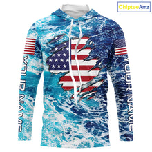 Load image into Gallery viewer, Blue sea wave ocean camo American flag patriot shirt Custom sun protection fishing long sleeve shirts NQS5429