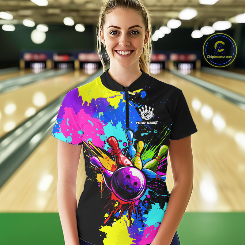 Colorful bowling jerseys Bowling Polo, 1/4 Zip Shirt for Women Custom Bowling Team shirt for bowlers NQS10240