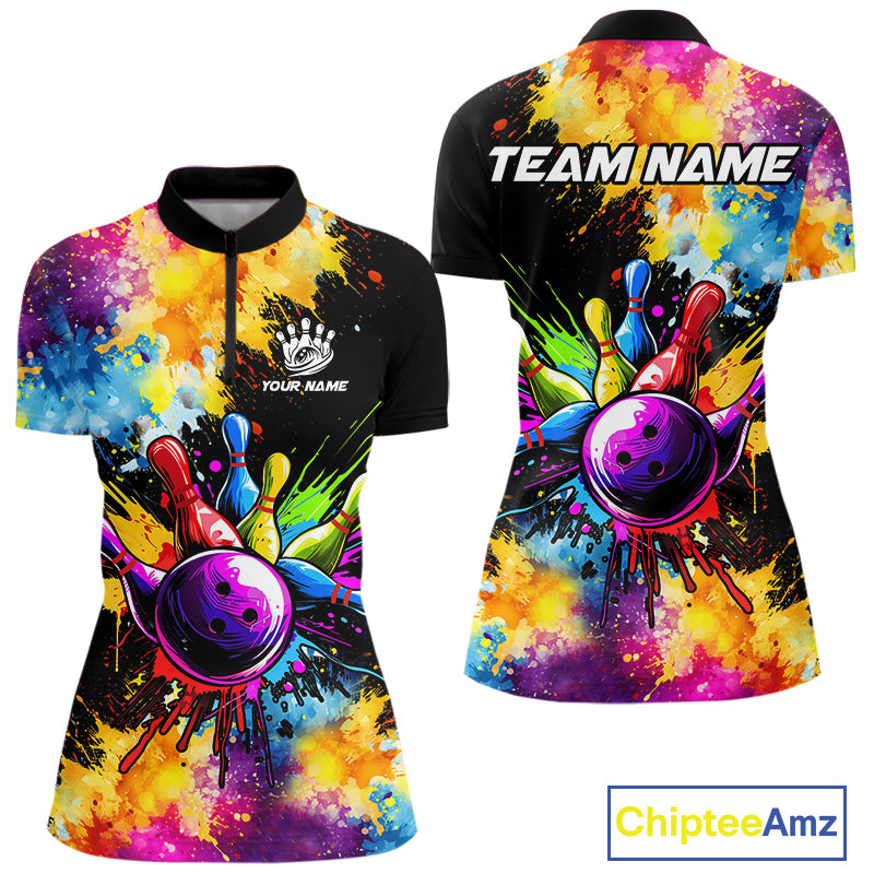 Colorful bowling jerseys Women Bowling Polo, 1/4 Zip Shirt Custom Bowling Team shirts for bowlers NQS10241