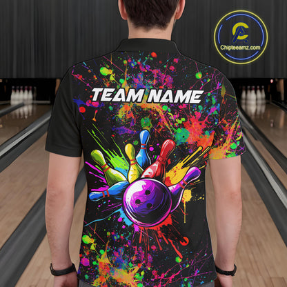 Colorful watercolor Bowling Polo, 1/4 Zip Shirt for mens Custom Bowling Team jersey for bowlers NQS10242