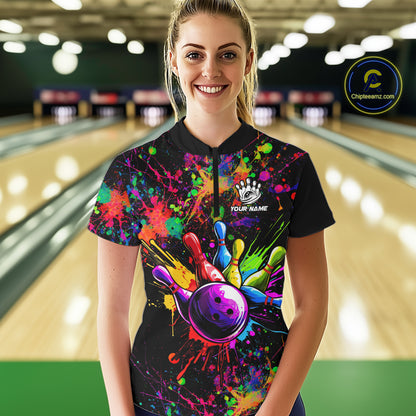 Colorful watercolor Bowling Polo, 1/4 Zip Shirt for Women Custom Bowling Team jersey for bowlers NQS10242