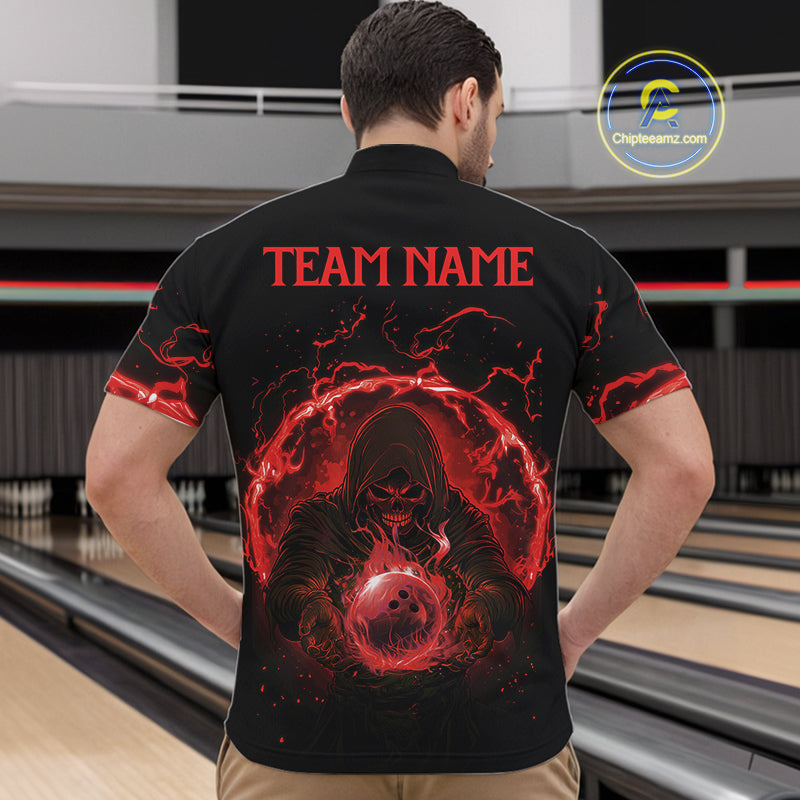 Mens bowling polo, 1/4 zip shirts Custom red flame skull bowling team jerseys, gift for Bowlers NQS10612