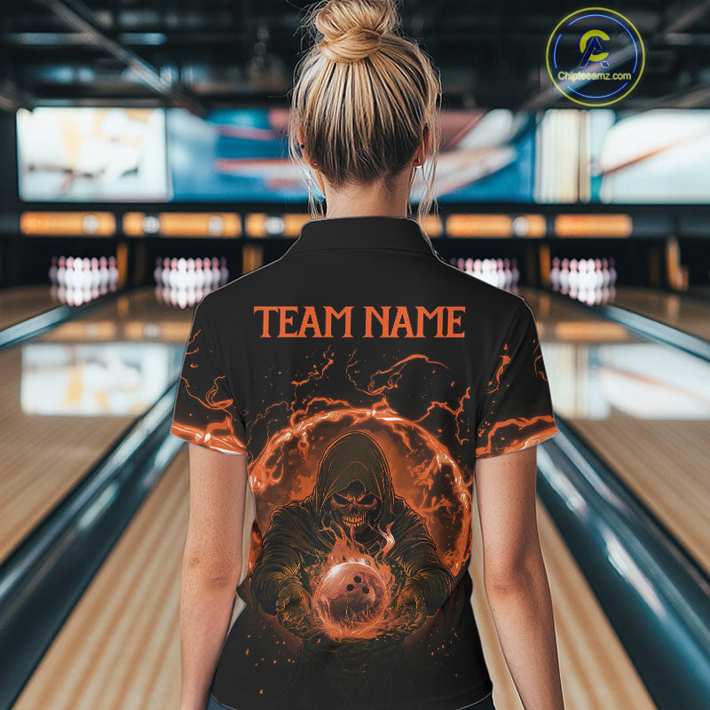 Women bowling polo, 1/4 zip shirts Custom orange flame skull bowling team jerseys, gift for Bowlers NQS10613