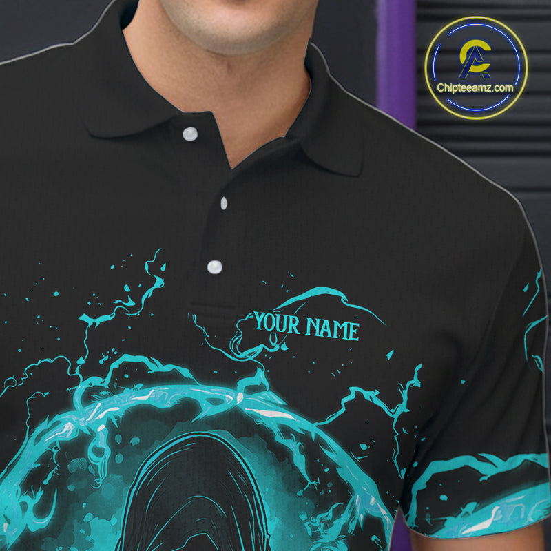 Mens bowling polo, 1/4 zip shirts Custom cyan blue flame skull bowling team jerseys, gift for Bowlers NQS10614