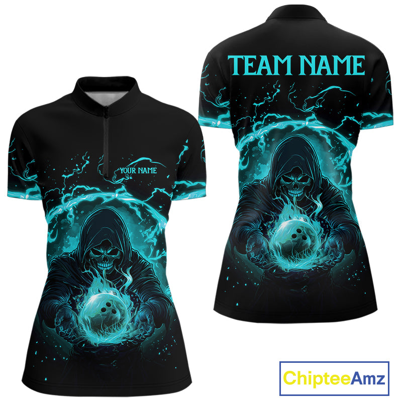 Women bowling polo, 1/4 zip shirts Custom cyan blue flame skull bowling team jersey, gift for Bowlers NQS10614