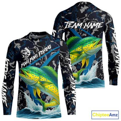 Custom Mahi Mahi Fishing Camo Long Sleeve Fishing Shirts, Personalized Mahi Mahi Fishing Team Jersey NQS10843