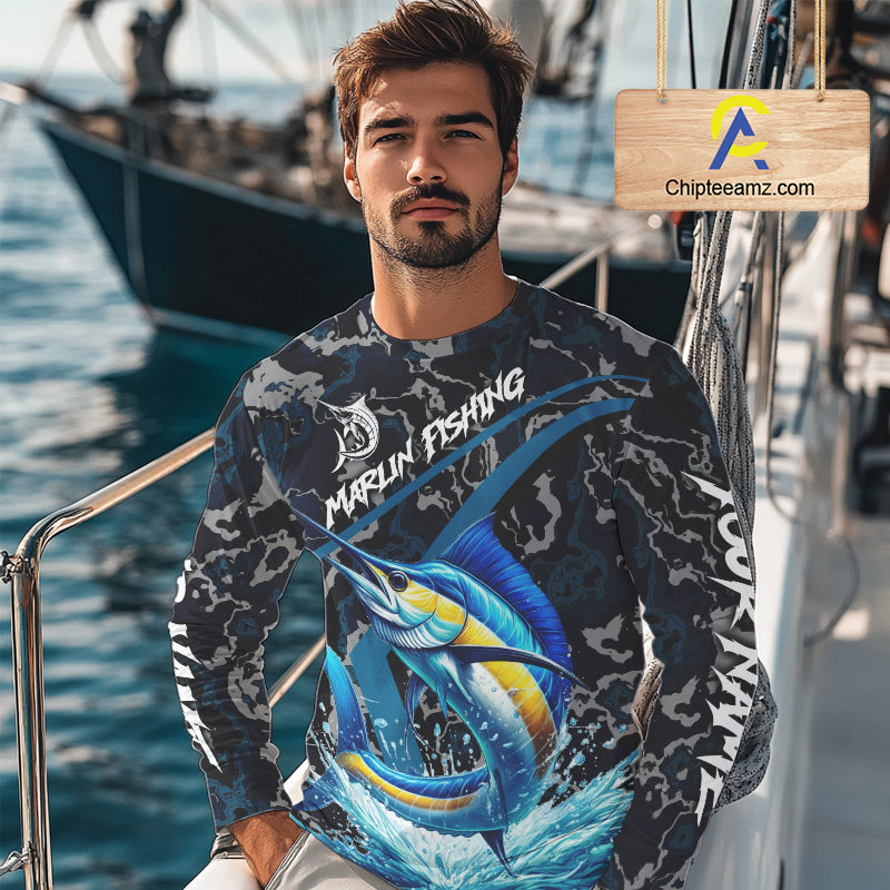 Custom Marlin Fishing Camo Long Sleeve Fishing Shirts, Personalized Marlin Fishing Team Jersey NQS10844