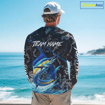 Custom Marlin Fishing Camo Long Sleeve Fishing Shirts, Personalized Marlin Fishing Team Jersey NQS10844