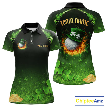 Flame golf ball green shamrock St Patrick's Day Women Golf Polo Shirt Custom lucky ladies golf attire NQS11413