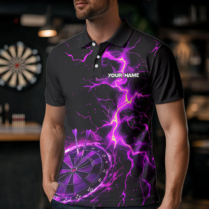 Men Darts Polo, Quarter Zip shirts Custom black and purple lightning thunder Darts Team Jerseys NQS9492