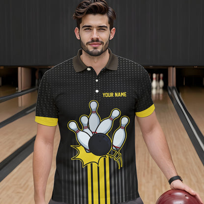 Black and Yellow Bowling Polo, Quarter Zip Shirt For Men Custom Team Mens Bowling Jersey NQS9652