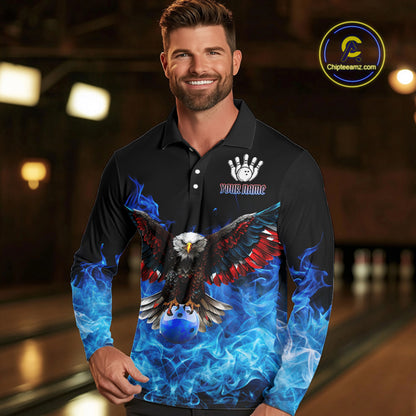 Blue Flame Smoke American Flag Eagle Skull Mens Bowling Shirts Custom Patriotic Bowling Team Jersey NQS9659