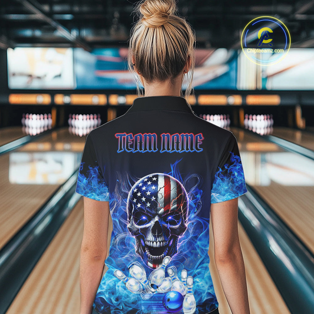 Blue Flame Smoke American Flag Eagle Skull Women Bowling Shirts Custom Patriotic Bowling Team Jersey NQS9659
